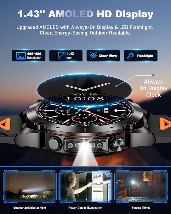 GPS Military Smart Watch for Men with Bluetooth Call, 1.43" AMOLED Waterproof Fitness Tracker with Heart Rate/Sleep Monitor/Flashlight, 170+ Sports Modes, 730mAh Battery for Android/iOS