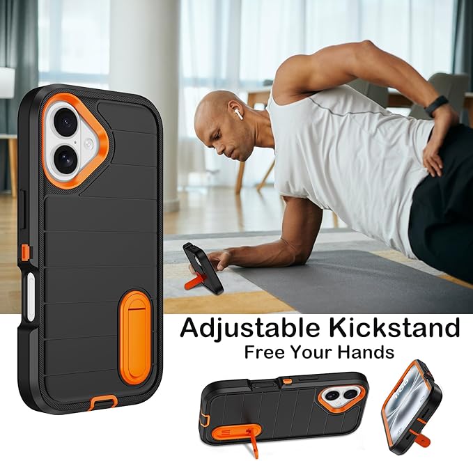for iPhone 16 Case with 2 Screen Protectors,Heavy Duty Shockproof Drop Protection Military Grade Tri-Layer Rugged Cell Phone Cover with Built-in Invisible Kickstand for Apple 16 6.1“ (Black/Orange)