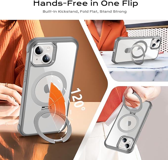 Anqrp O-Ring Magnetic Kickstand Clear Case for iPhone 14/13, Compatible with Mag-Safe, Military-Grade Reinforced 4-Corners Anti-Yellowing Transparent Phone Case Cover for iPhone 13/14, Gray