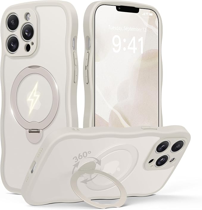 GolbinBox for iPhone 13 Pro Max Case for Women,[Compatible with Magsafe][360° Spin Magnetic Stand][Cute Wave Edge][Military-Grade Protection] Translucent Matte Phone Case for iPhone 13 ProMax, Stone