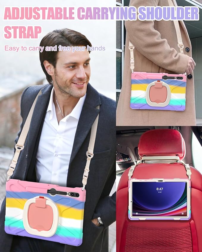 BRAECN Case for Samsung Galaxy Tab S10+/S9 FE+/S9+ 12.4 Inch 2024, Rugged Silicone Case w/S Pen Holder, Screen Protector, Handle Grip/Kickstand,Shoulder Strap for Galaxy Tab S10 Plus, Colorful Pink