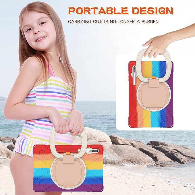 360 Rotation Portable Case for Galaxy Tab S8+/S7 FE/S7+ 12.4 Inch Case with S Pen Holder Rugged Case Rotating Stand Hand Strap Shoulder Carrying Strap Outdoor Cover (Colourful Red)