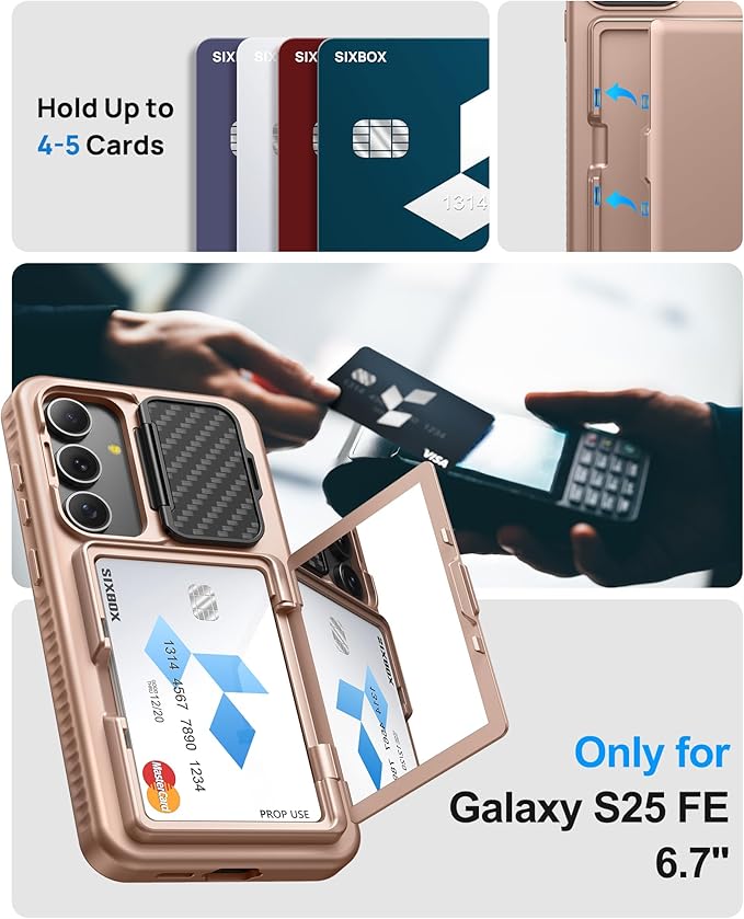 for Samsung Galaxy S25 FE Case with Card Holder & Camera Lens Cover Stand, Military Grade Drop Protection Shockproof Rugged Stand Wallet Protective Phone Case for S25 FE 2025, Rose Gold