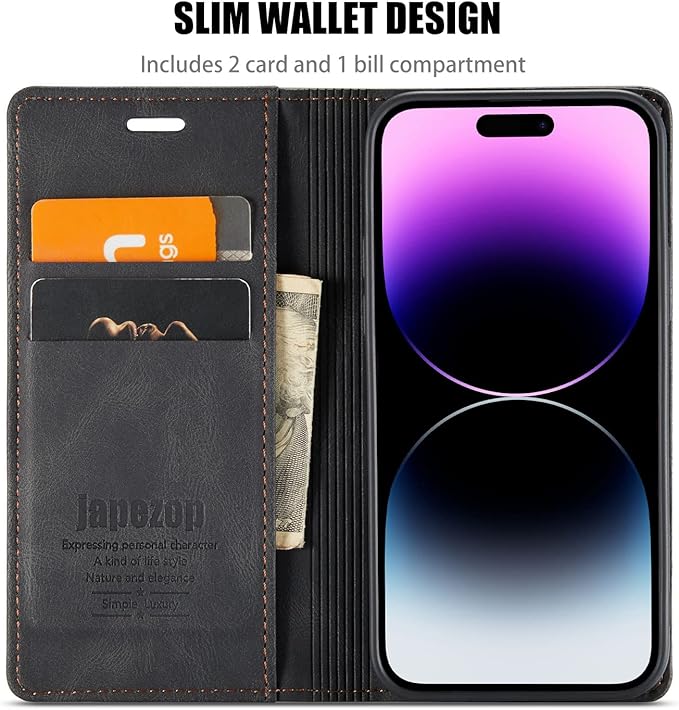 japezop Compatible with iPhone 14 Pro Max Wallet Case with [RFID Blocking] Card Holder Kickstand Magnetic,Leather Flip Case Wallet for iPhone 14 Pro Max 5G 6.7 Inch (Black)