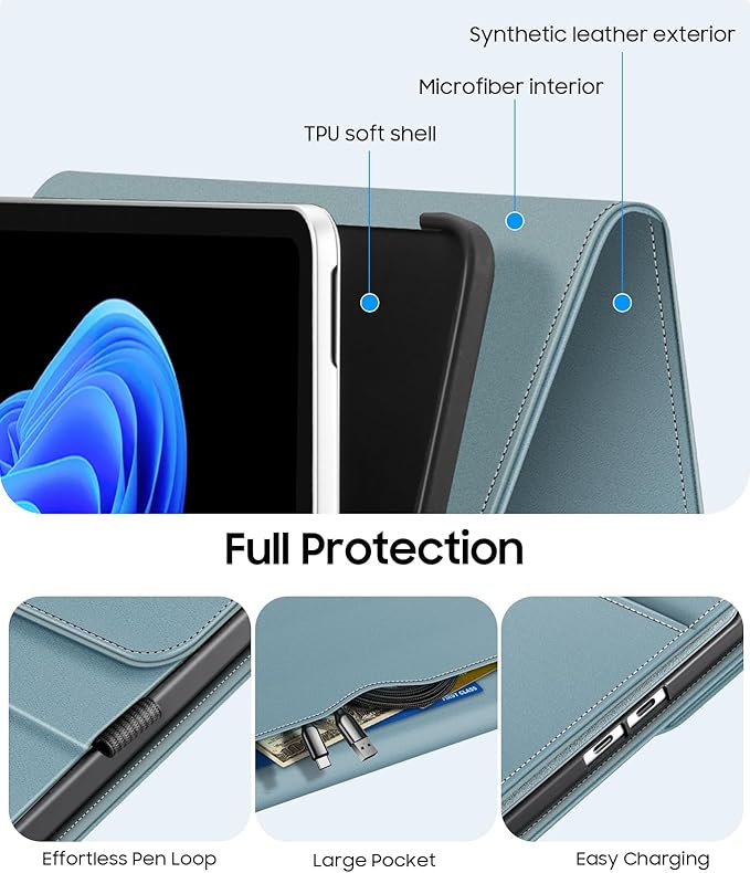 Fintie Protective Case for Microsoft Surface Pro 12 Inch (2025), Multi-Angle Viewing Portfolio Business TPU Back Cover with Pocket & Stylus Holder, Compatible with Type Cover Keyboard (Ocean Blue)