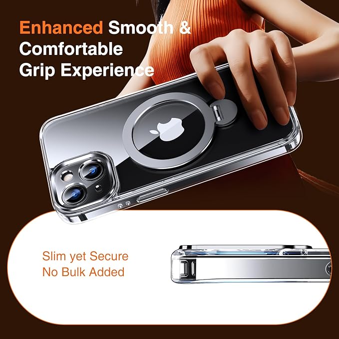 360° O-Ring MagStander for iPhone 15 Case with Magnetic Kickstand Ring Holder [Compatible with MagSafe][360°Rotate Stand Ring][Military Shockproof] iPhone 15 Phone Cover Clear