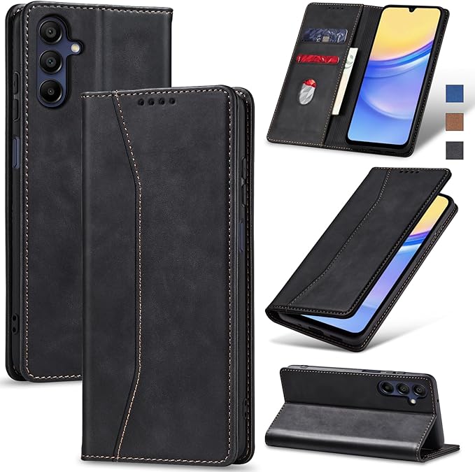 Jasonyu Flip Wallet Case for Samsung Galaxy A15 5G,Leather Magnetic Folio Cover with Card Holder,Kickstand - TPU Shockproof Durable Protective Phone Case,Black