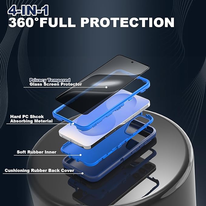 Designed for Samsung Galaxy S24/S25 Case [with Privacy Screen Protector] 3-Layer Full Body Protection Rugged Shockproof Heavy Duty Phone Case Cover, Navy Blue