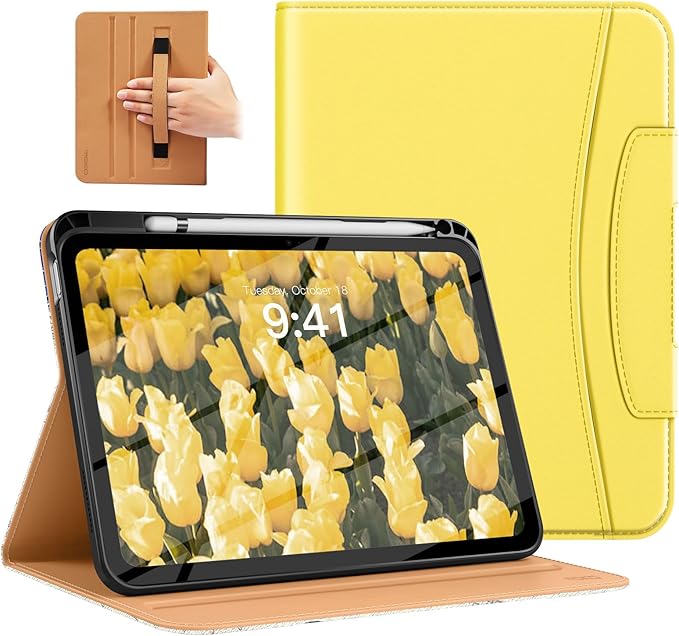 MoKo for iPad (A16) 11th Generation Case 11 inch 2025, iPad 10th Generation Case 10.9" 2022 with Pencil Holder & Pocket, Premium Leather Folio Stand Cover, Multiple Viewing Angles, Light Yellow