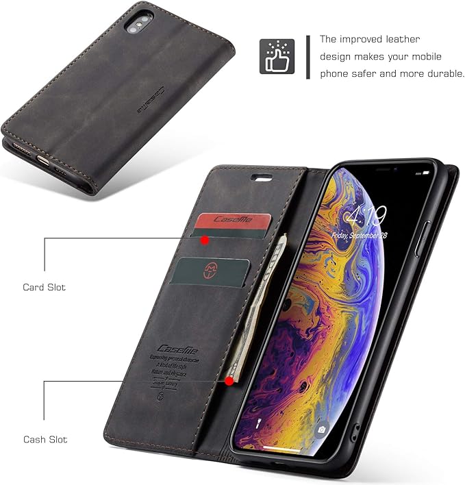 for iPhone X/iPhone Xs Case, Flip Wallet Leather Case with Card Holder Magnetic Closure Shockproof Kickstand Protective Phone Cases Cover for iPhone X, Black