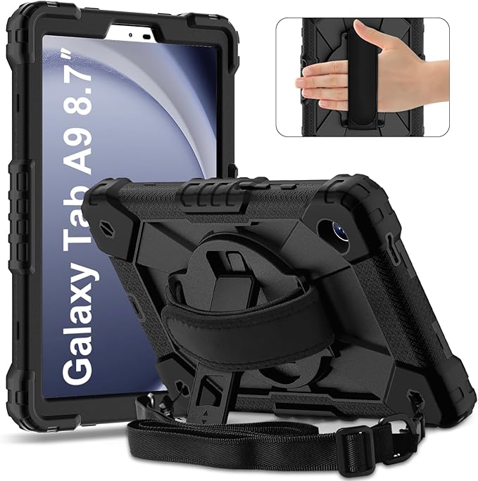 for Samsung Galaxy Tab A9 Case 8.7 inch (SM-X110/X115/X117), Heavy Duty Shockproof Silicone Cover Rugged 360 Stand Hand Shoulder Strap for Galaxy A9 Tablet Black+Black