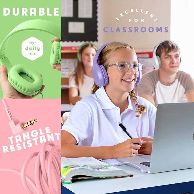 Kids Headphones for School Bulk Set 5-Pack On-Ear, 3.5mm, Wired Headphones for Schools & Libraries – Adjustable, Cushioned Wired Kids, (Mixed Colors)