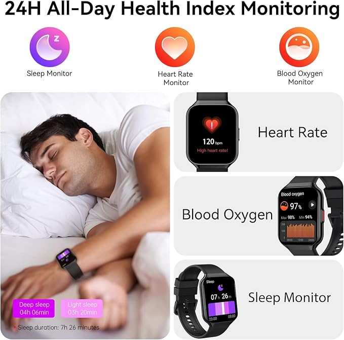 Smart Watch, 1.96" HD Smartwatches for Men Women, (Answer/Make Calls), IP68 Waterproof Fitness Watch, Heart Rate/Sleep, Fitness Tracker with 113+ Sport Modes, for iOS/Android,2025 Black