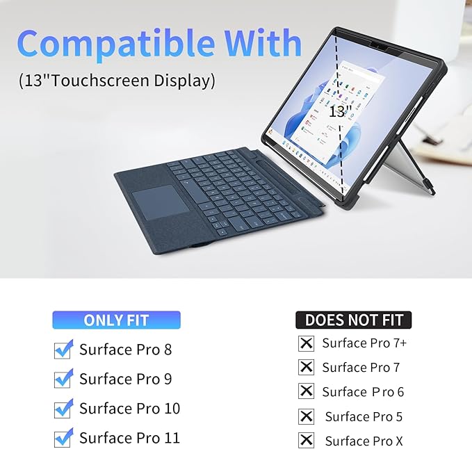 Case fit Microsoft Surface Pro 11/10/9/8 13-Inch, with Stent Cover, Hand Strap, All-in-one Rugged Case Compatible with Type Cover Keyboards, Black