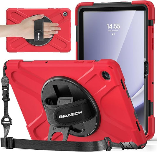 BRAECNstock for Samsung Galaxy Tab A9+ Plus Tablet Case 11 inch (SM-X210/X216/X218) Shockproof Protective Galaxy Tab A9+ Case with Screen Protector Pen Holder Rotating Hand Strap+Stand - Red