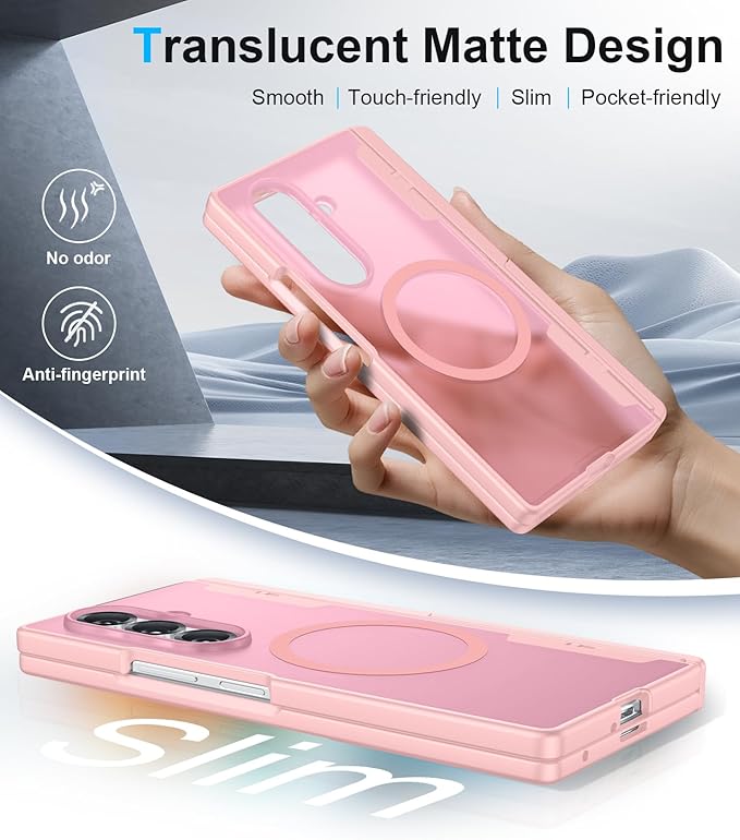 Temdan Magnetic for Samsung Galaxy Z Fold 7 Case,[Compatible with MagSafe][Built-in HD Screen Protector&Invisible Kickstand][Hinge Protection]Translucent Matte Shockproof Phone Case for Z Fold 7,Pink