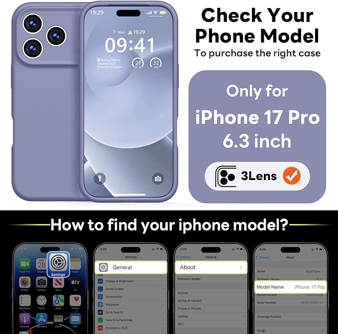 Vooii Magnetic Compatible with iPhone 17 Pro Case (Compatible with Magsafe) (Upgraded Camera Protection) Liquid Silicone Shockproof Full Body Protective Phone Cover for Women Men, Lavender Grey, 6.3”