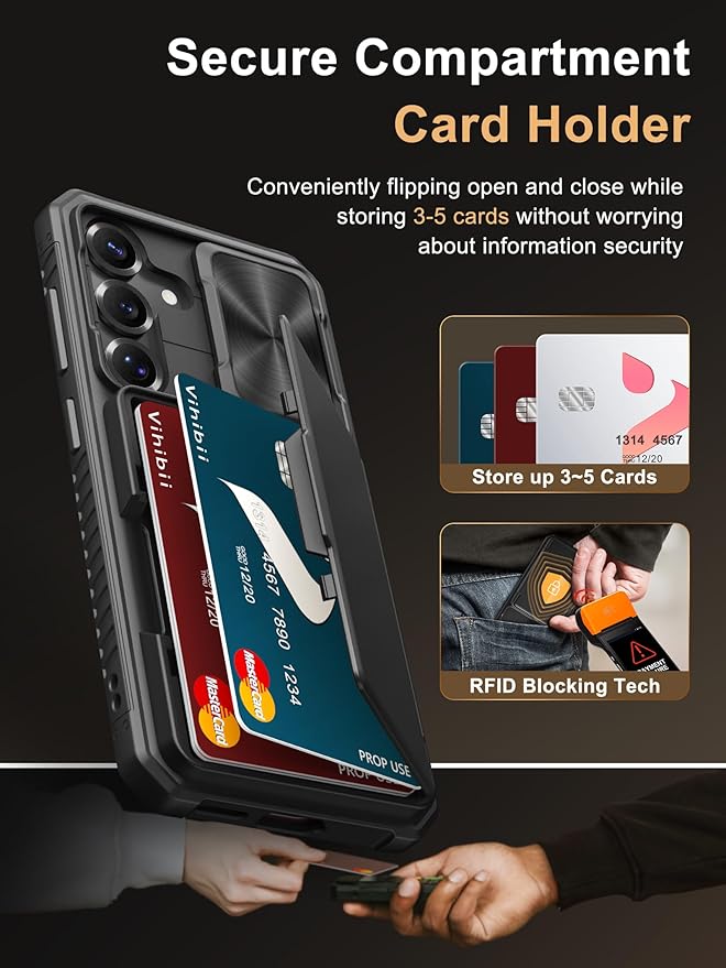 Vihibii for Samsung Galaxy S25 Case with Card Holder (4 Cards), [RFID Blocking] & Slide Camera Cover & Military Grade Drop Protection, Silicone Edge Wallet Case for Samsung Galaxy S25 6.2" 2025, Black