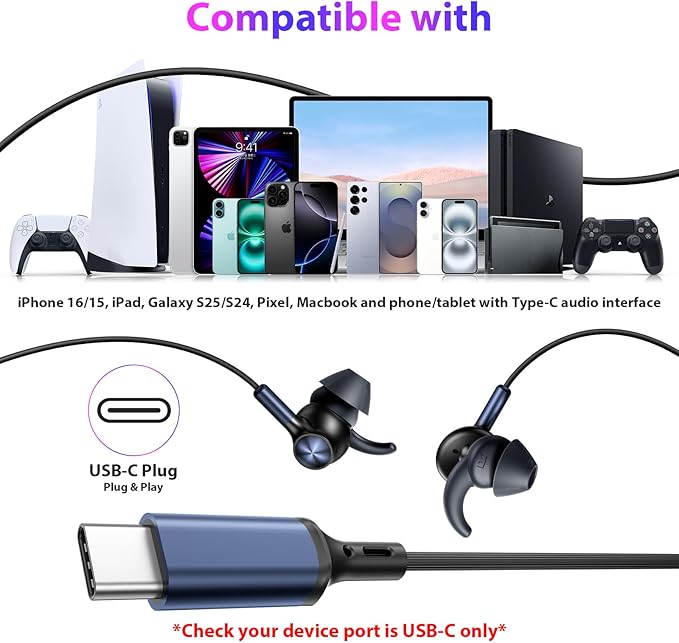 APETOO Wired Ear Buds Running USB-C Headphone w/Anti Fall/Hurt Wingtips for Outdoor/Indoor, Hands-Free Call, Pure Stereo Bass, Noise Isolating in-Ear Earbuds for iPhone 17 16/iPad/Galaxy S25/Android