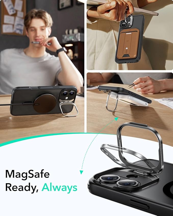 ESR for iPhone 16 Case, Compatible with MagSafe, Military-Grade Protective Case, Built-in Stash Stand Phone Case, Scratch-Resistant Back Cover, Classic Series, Frosted Black