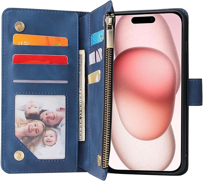 Asuwish Compatible with iPhone 15 6.1 inch Wallet Case Tempered Glass Screen Protector and Leather Flip Cover Card Holder Stand Cell Phone Cases for iPhone15 5G i i-Phone i15 15Case Women Men Blue