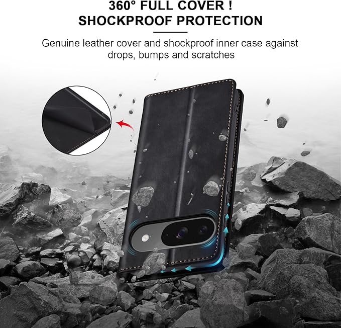 Jasonyu Flip Wallet Case for Google Pixel 9/9 Pro,Leather Magnetic Folio Cover with Card Holder,Kickstand - TPU Shockproof Durable Protective Phone Case,Black