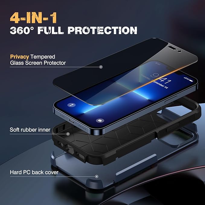 Diaclara Designed for iPhone 13 Pro Max Case, [with Privacy Screen Protector] [Anti Spy] [Military Grade Drop Protection] Heavy Duty Full-Body Shockproof Phone Case, Dark Blue