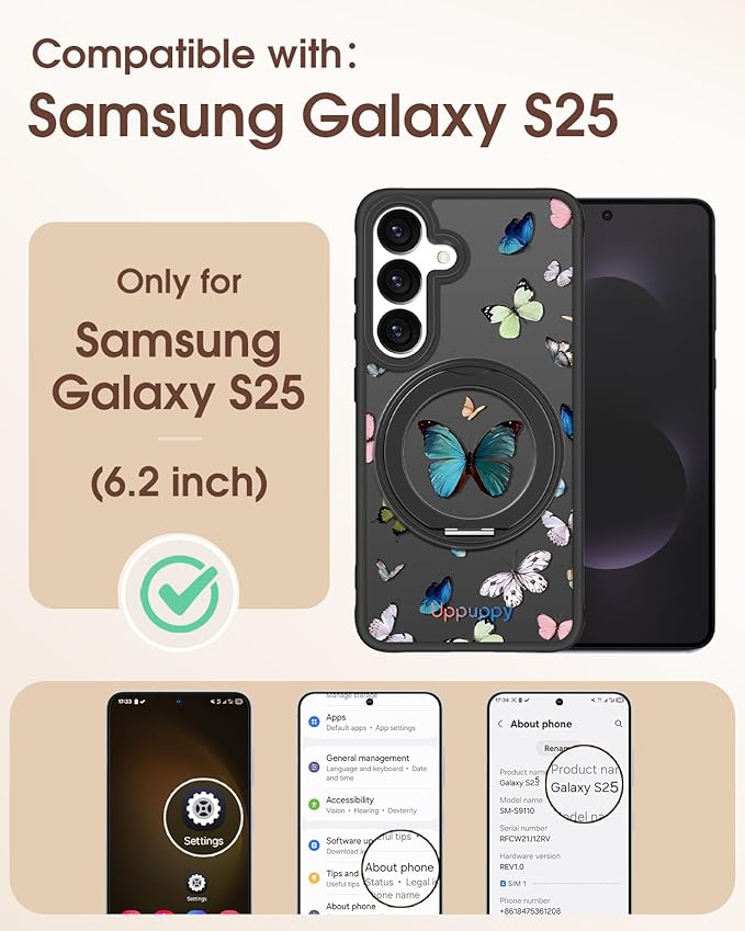 for Samsung Galaxy S25 Case with 360° Rotatable Magnetic Ring - Compatible with MagSafe, Semi-Transparent Anti-Fingerprint Soft-Touch Material Shockproof, Cute Butterfly Design for Women Girl