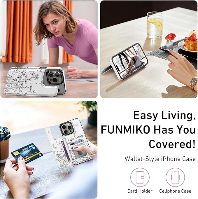 FUNMIKO for iPhone 15 Pro Wallet Case with Card Holder, RFID-Blocking, Military-Grade Protection & UV-Printed Artwork, Magnetic Closure with Leather Kickstand - Elegantly Sketched Flower