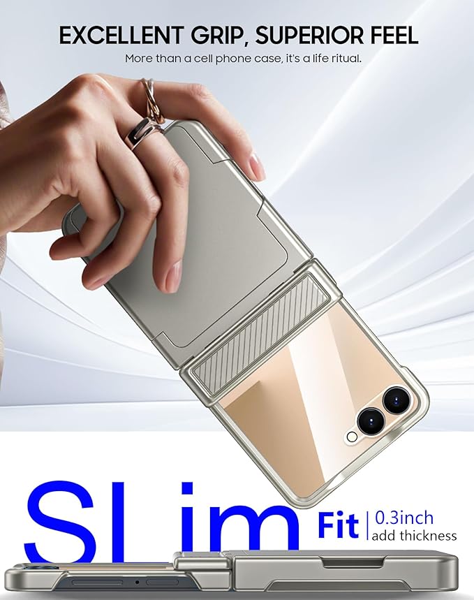 CENMASO for Samsung Galaxy Z Flip 7 Case Wallet Card Holder [RFID Blocking] & Hinge Protection & HD Screen Protector, Rugged Full-Body Cover Shockproof Phone Case for Z Flip 7-Natural Titanium