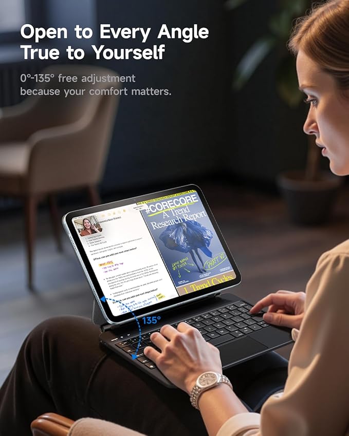 HOU Keyboard Case for iPad A16 11/10, Magnetic Magic-Stand, Floating Design, Durable Spindles, Multi-Touch Trackpad, 7 Colors Backlit, Stain Resistant PU, Bluetooth