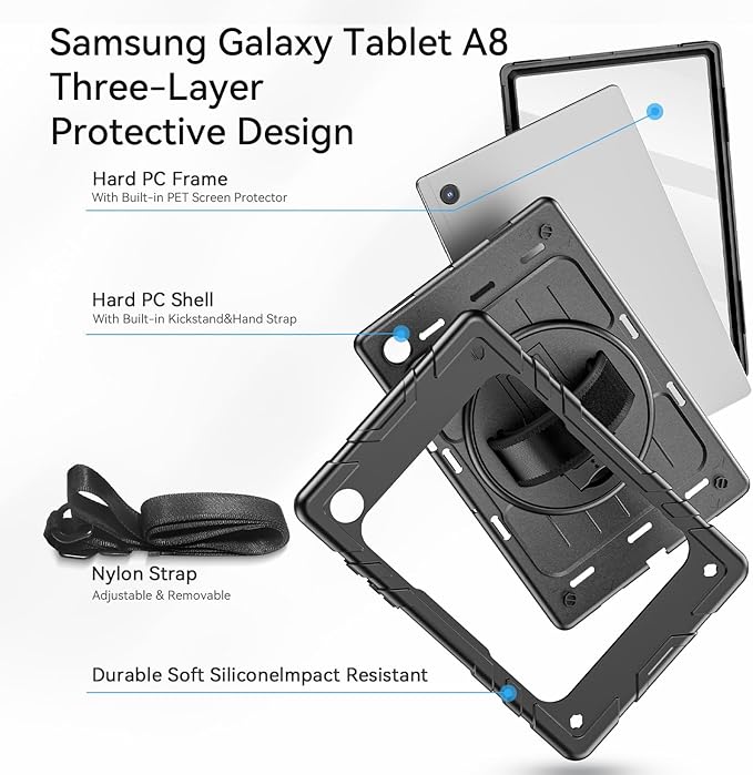for Samsung Galaxy Tablet A8 Case 10.5 inch 2022 SM-X200/X205/X207 with Screen Protector [360 Rotating Stand] &Hand Shoulder Strap Shockproof Rugged Protective Cover|Black