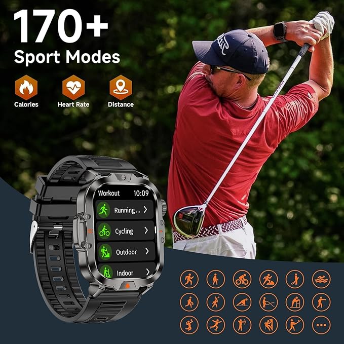 Smart Watch for Men Military Answer/Make Call 2.01″ Display 170+ Sports Modes Fitness Smart Watch IP68 Waterproof 30 Days Standby Smartwatch for Android iOS Black Extra Nylon Straps