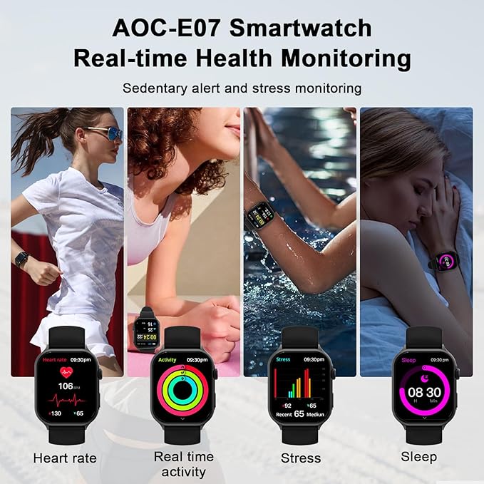 AOC Smartwatch Fitness Sports Watch E09, AI GPT Bluetooth Call, Voice Assistant‌, AMOLED 1.96 Touchscreen, Heart Rate & Sleep Monitor‌ing, IP67 Waterproof Sports Modes Smart Watch, Black
