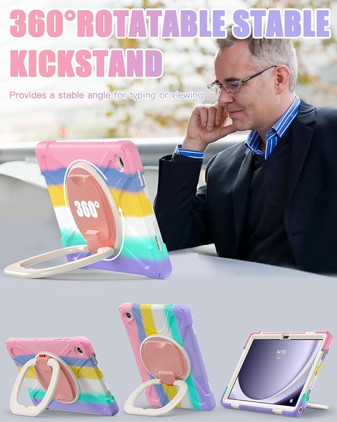 BRAECN Case for Samsung Galaxy Tab A9 Plus/ A9+ 11” 2023 (SM-X210/X216/X218), Heavy Duty Rugged Cover with Screen Protector, 360 Degree Rotating Stand, Stable Kickstand, Shoulder Strap, Colorful Pink