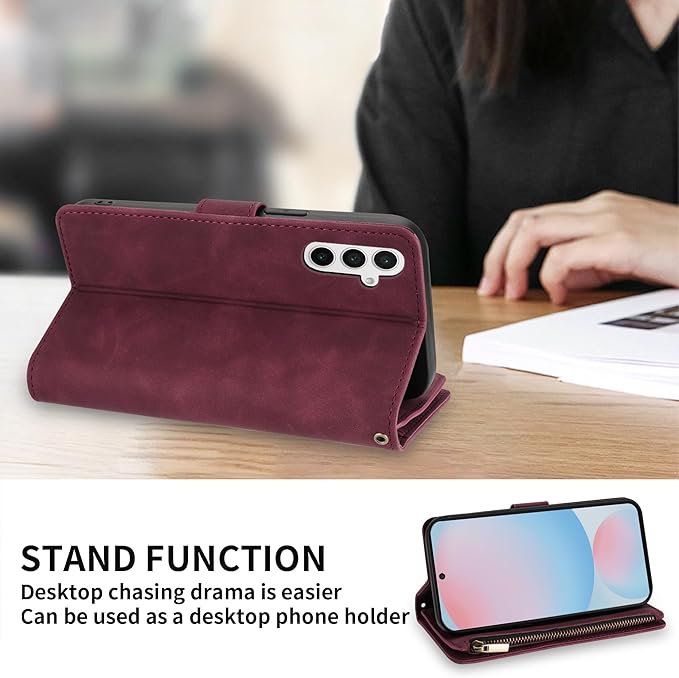ZZXX for Samsung Galaxy S24 FE Wallet Case with RFID Blocking Card Slot PU Leather Zipper Flip Folio with Strap Kickstand Protective Cover for Galaxy S24 FE Case Wallet(Wine Red-6.7 inch)