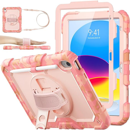 SEYMAC stock Case for iPad (A16) 11th/10th Generation 11''/10.9'' 2025/2022, Full-Body Drop Protection Case with Screen Protector &360° Rotate Hand Strap/Stand, Camo Pink