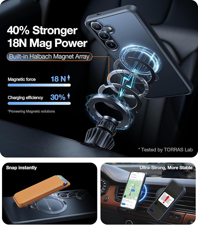 TORRAS 360° Spin for Samsung Galaxy S25 Case with Stand, Fit for MagSafe, 3X Military Grade Protective, Rotatable Kickstand for Samsung S25 Case, Magnetic Ring Slim Hard Cover, Matte Black 6.2''