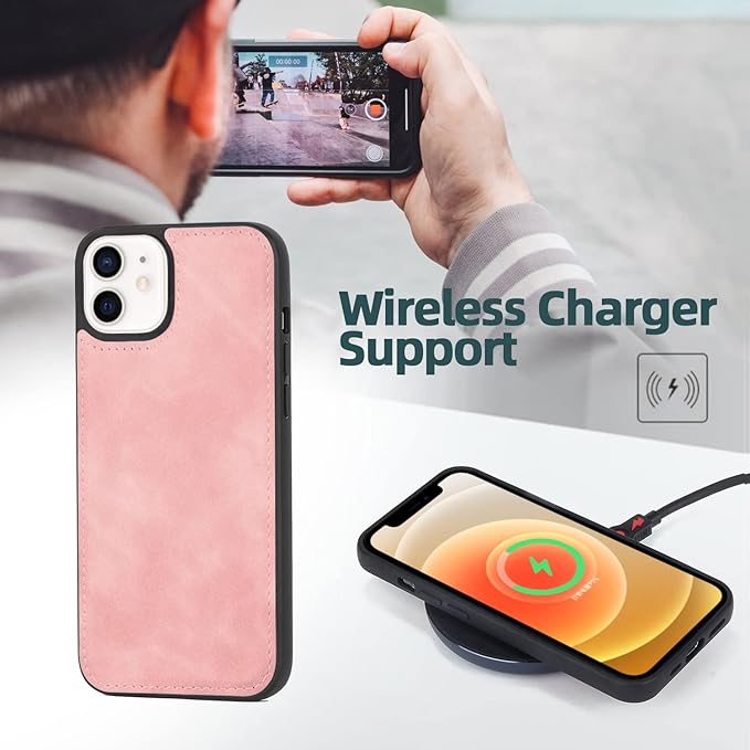 TwoHead for iPhone 12/12 Pro Wallet Case with Card Holder & Detachable Magnetic Phone Case,Leather All-Round Protection Phone Case for Women/Men,6.1IN,Pink
