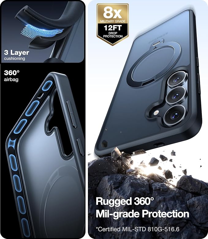 TORRAS 360° Spin for Samsung Galaxy S25 Case with Stand, Fit for MagSafe, 3X Military Grade Protective, Rotatable Kickstand for Samsung S25 Case, Magnetic Ring Slim Hard Cover, Matte Black 6.2''