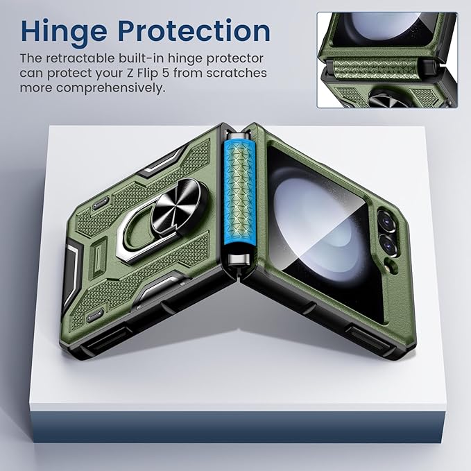 VEGO for Z Flip 5 Case with Hinge Protection, 360°Ring Magnetic Kickstand & Camera Screen Protector & Belt Clip Holster, Military Grade Shockproof Cover - Green