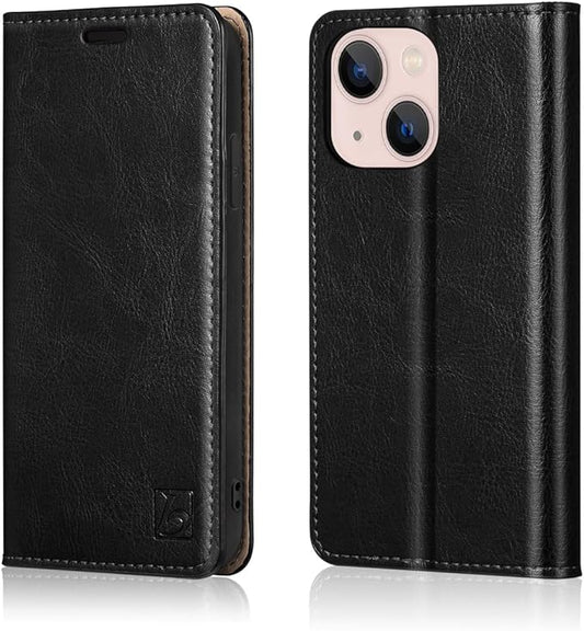 Belemay Case Compatible with iPhone 14 Wallet Case-Genuine Leather Flip Phone Case-RFID Blocking Card Holder-Shockproof TPU Shell Folio Book Cover Women Men Compatible with iPhone 14 (6.1-inch) Black