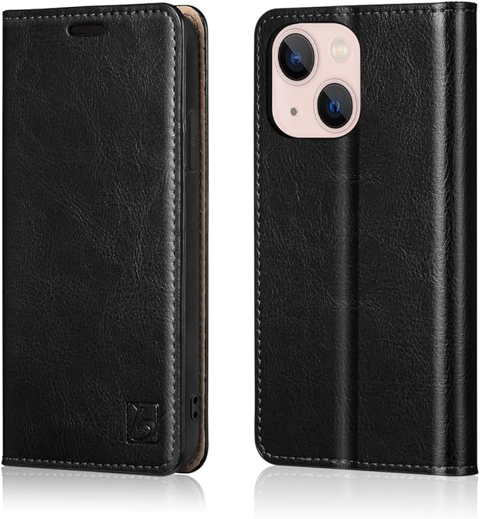 Belemay Compatible with iPhone 14 Plus Wallet Case-Genuine Leather Flip Phone Case-RFID Blocking Card Holders-Shockproof TPU Shell Folio Cover Women Men Compatible with iPhone 14 Plus (6.7-inch) Black