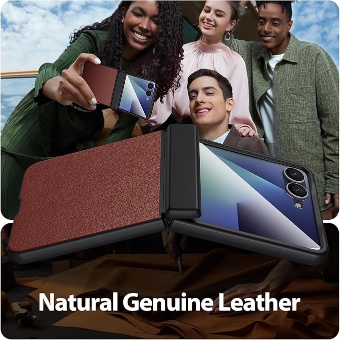 Leather Case for Samsung Galaxy Z Flip 7 | TPU Shockproof | Soft Nappa Leather | Magnetic Hinge Protection | Glass Screen Protector | Sleek Slim Fit | Wireless Charging | Hard Phone Cover | Brown