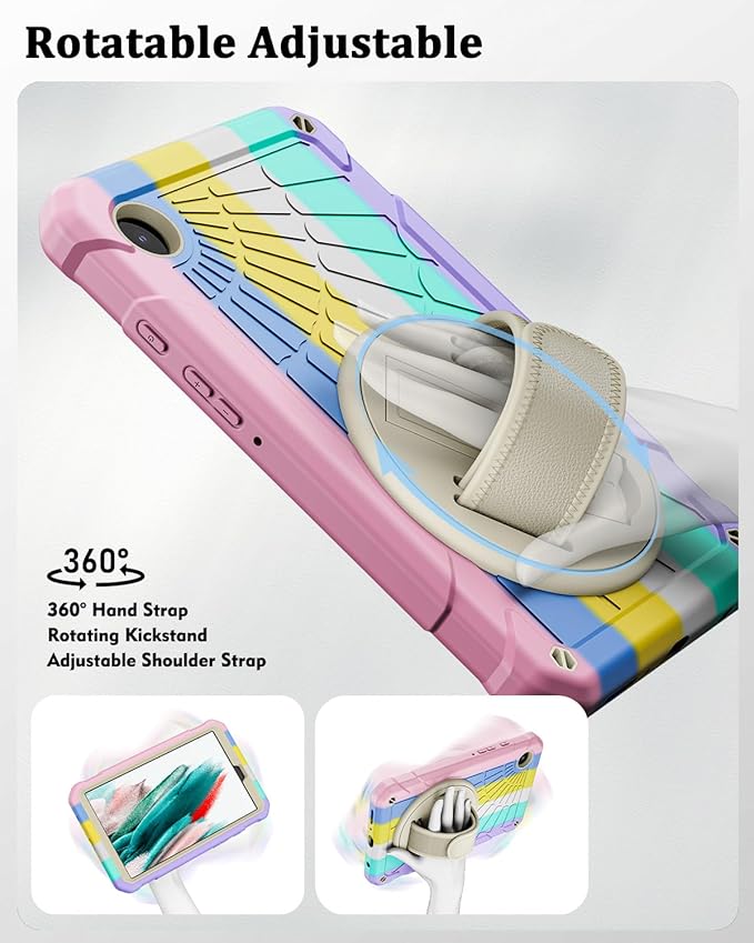 Case for Samsung Galaxy Tab A9 8.7 Inch 2023, 360° Rotating Stand, Hand Strap&Shoulder Strap Case for Samsung A9 Tablet(SM-X110/X115/X117) (Colorful Powder)