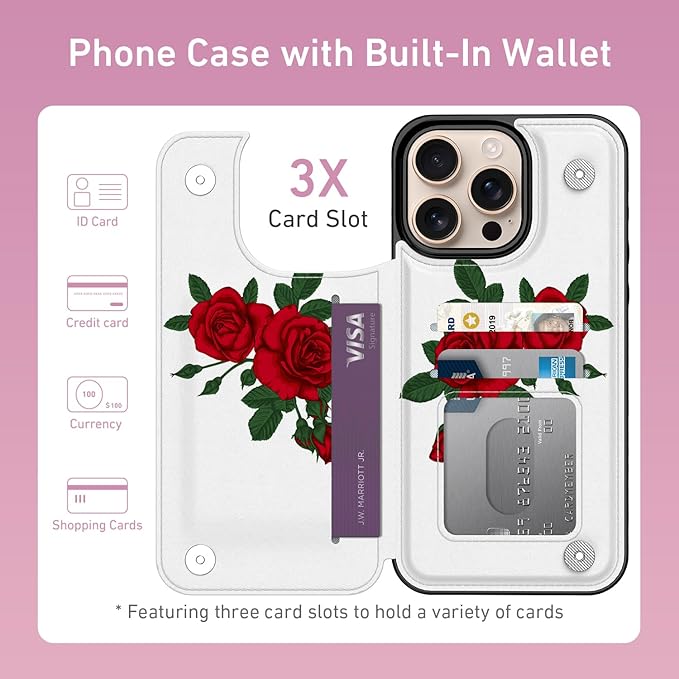 FUNMIKO for iPhone 16 Pro Wallet Case with Card Holder, RFID-Blocking, Military-Grade Protection & UV-Printed Artwork, Magnetic Closure with Leather Kickstand - Blooming Red Rose