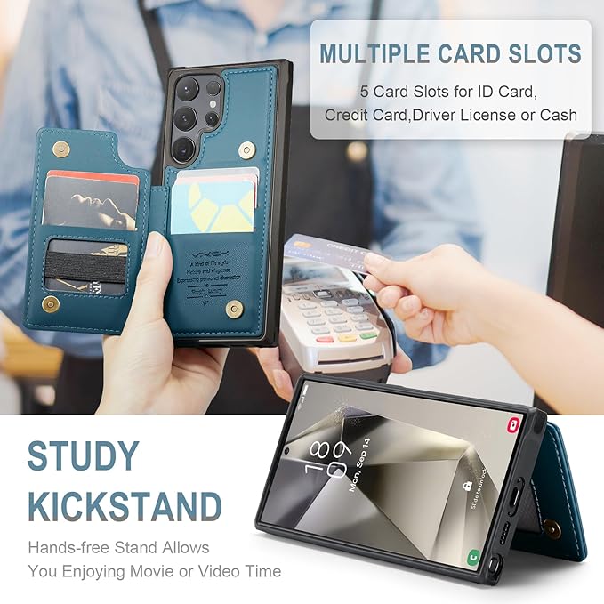 Vinich for Samsung Galaxy S24 Ultra Wallet Case with Card Holder, RFID Blocking Credit Slots Kickstand Shockproof Phone Cover for Women Men, Blue