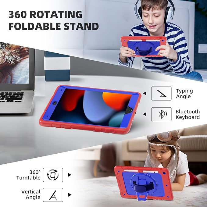 Case for iPad 9th/8th/7th Generation-Built-in Screen Protector,with Pencil Holder & 360°Rotating Hand Strap,Shoulder Strap,Case for iPad 10.2 inch 2021-2019(Red/Blue)