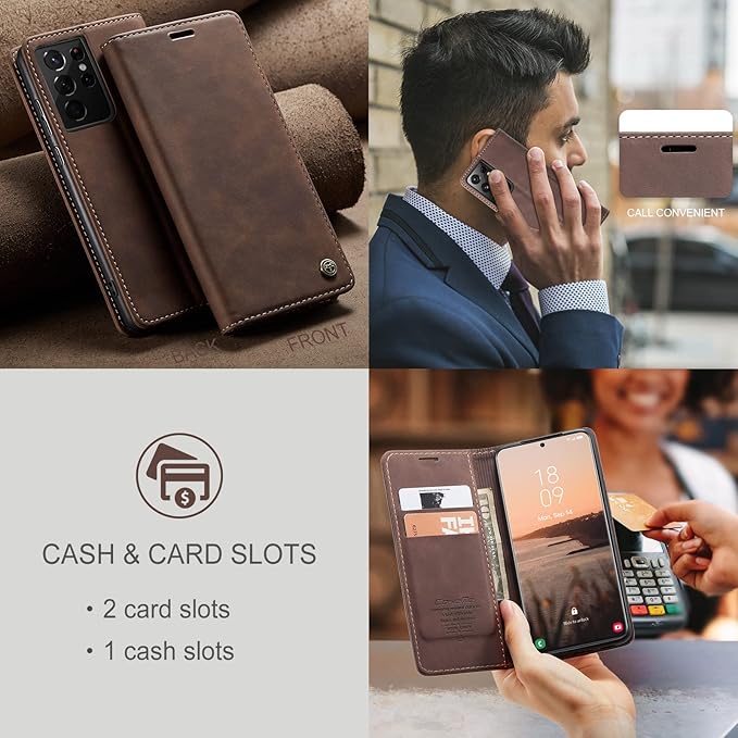 for Samsung Galaxy S21 Ultra Case, Flip Wallet Leather Case with Card Holder Magnetic Closure Shockproof Kickstand Protective Phone Cases Cover for Samsung S21 Ultra,Coffee