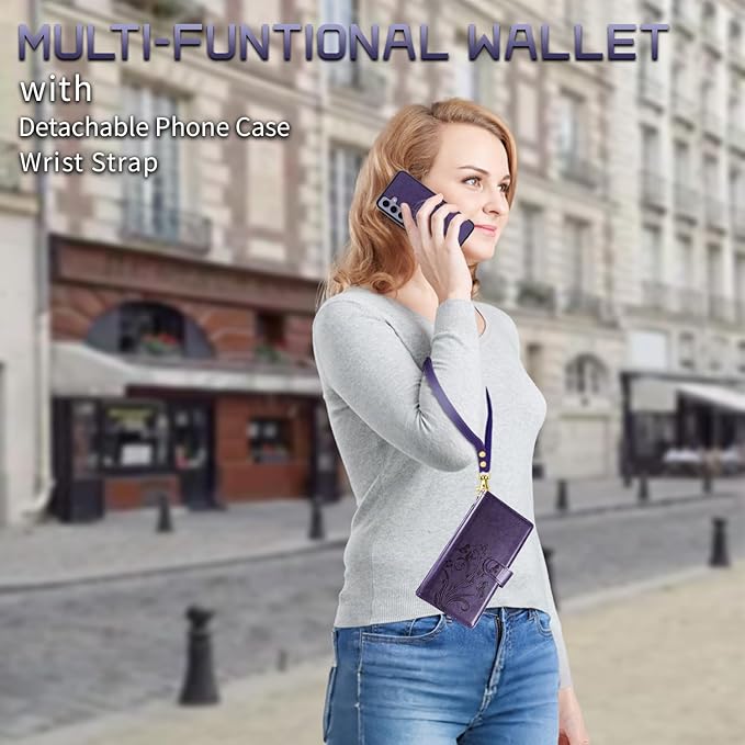 Lacass for Samsung Galaxy S24+ Plus Case Wallet,Compatible with MagSafe 2 in 1 Magnetic Detachable PU Leather RFID Blocking Wallet Cover Card Holder Zipper Wrist Strap Lanyard,Floral Purple